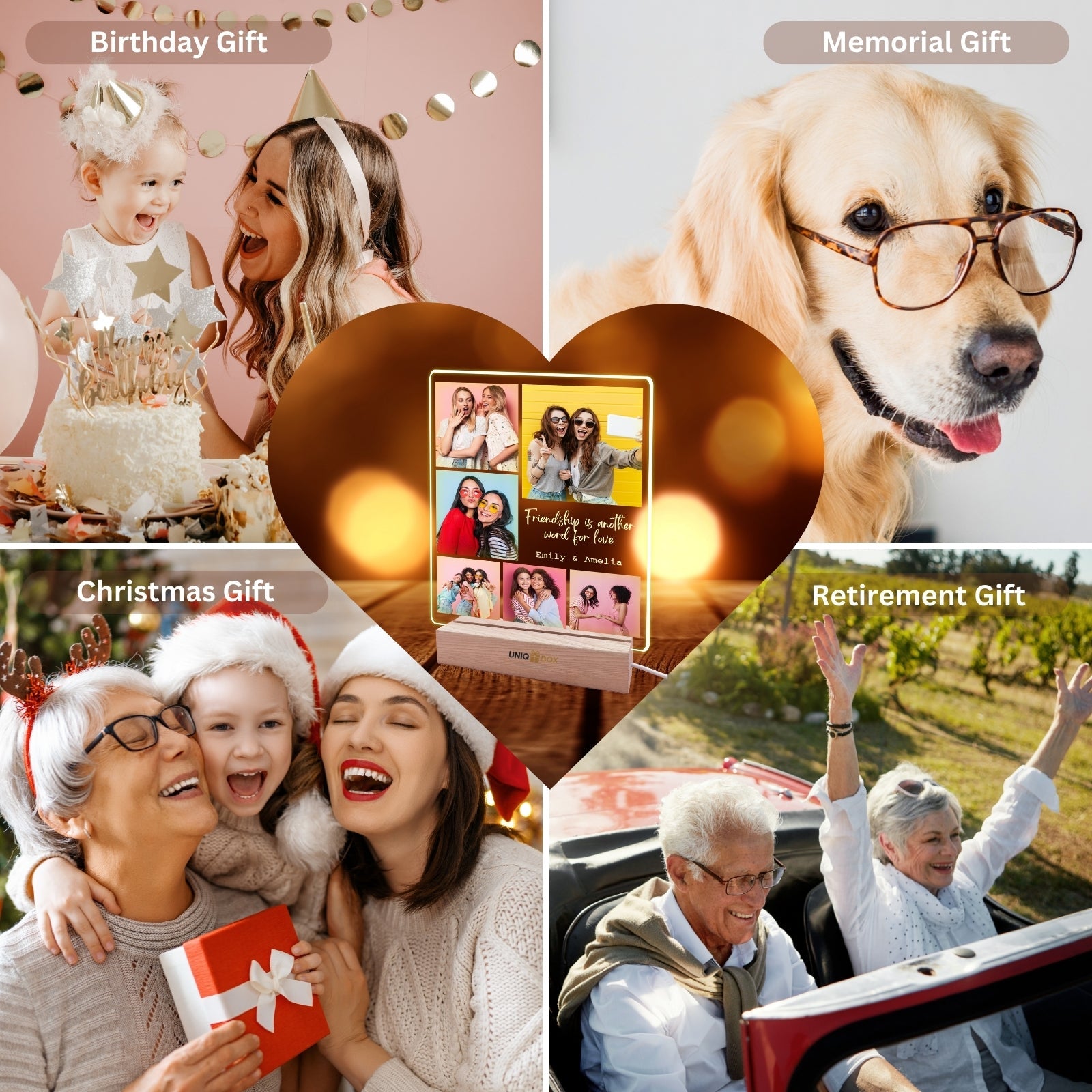 Friendship Gifts for Women, Best Friend Birthday Gifts, Personalised Multiple Photo Frame Collage LED Light,Custom Picture Plaque Female Friends, Photo Frames Multiple Pictures - uniqicon