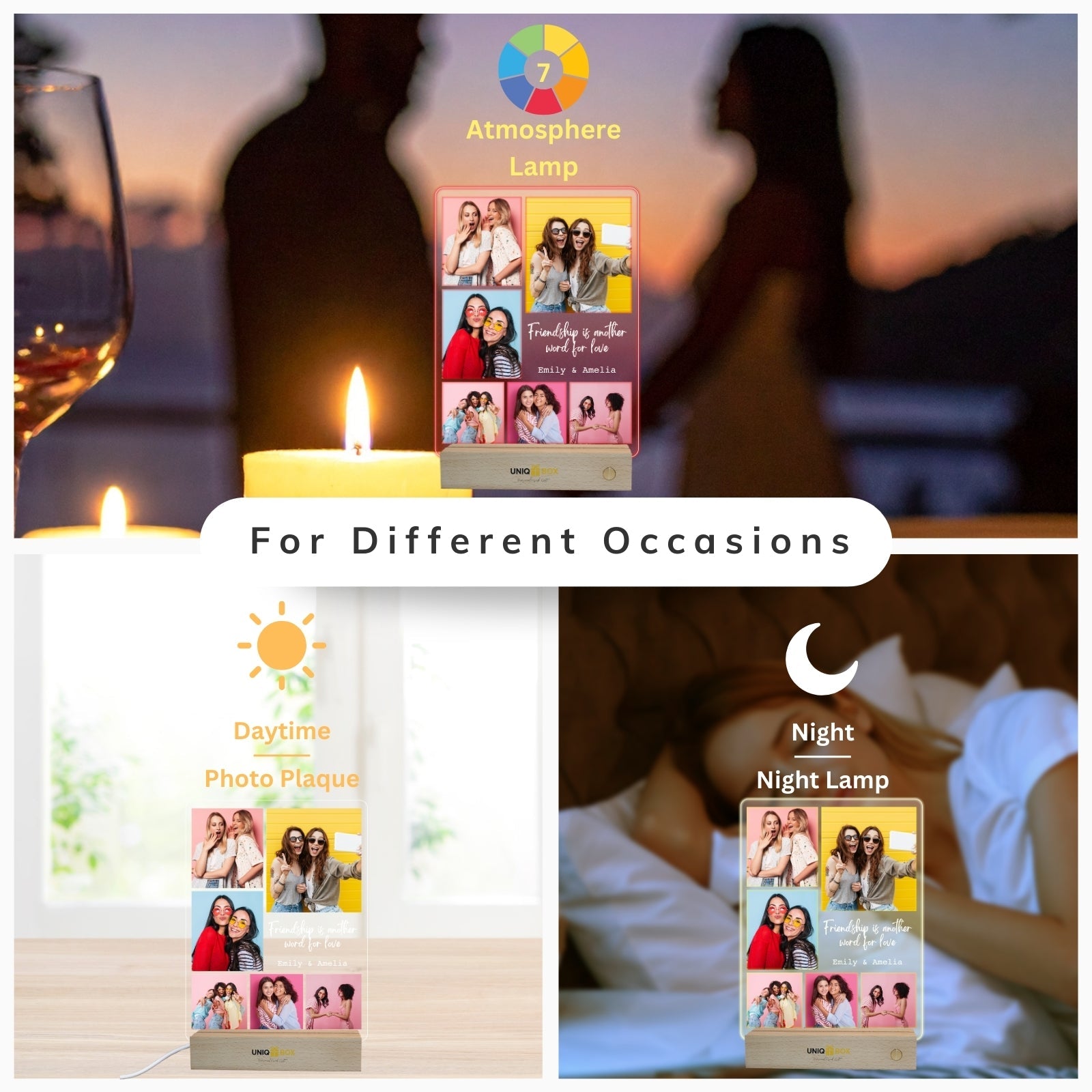 Friendship Gifts for Women, Best Friend Birthday Gifts, Personalised Multiple Photo Frame Collage LED Light,Custom Picture Plaque Female Friends, Photo Frames Multiple Pictures - uniqicon