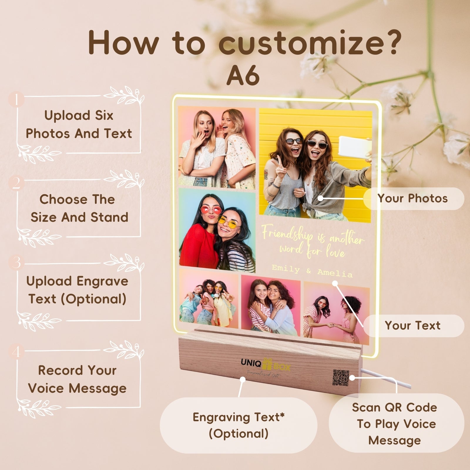 Friendship Gifts for Women, Best Friend Birthday Gifts, Personalised Multiple Photo Frame Collage LED Light,Custom Picture Plaque Female Friends, Photo Frames Multiple Pictures - uniqicon