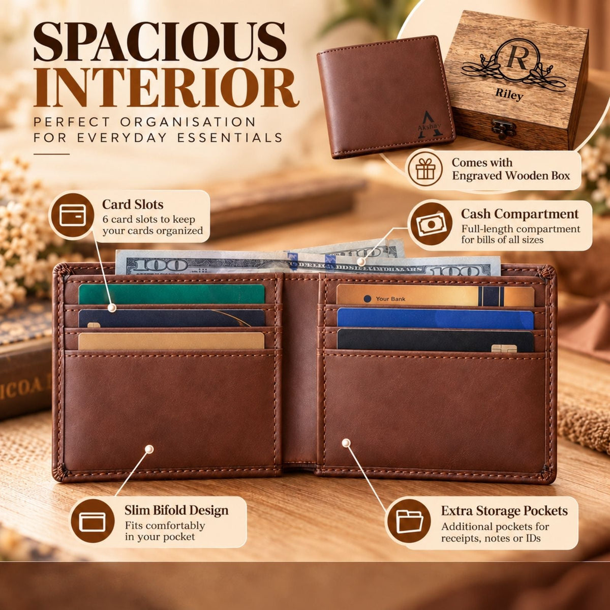 Personalised Leather Wallet Gift with Wooden Box for Dad, Husband, Father - uniqicon