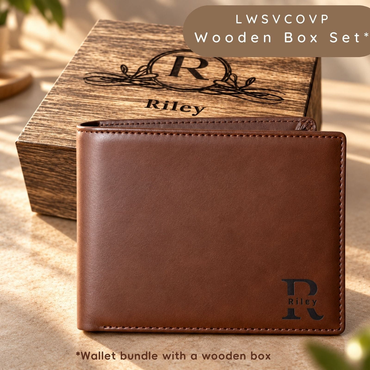 Personalised Leather Wallet Gift with Wooden Box for Dad, Husband, Father - uniqicon