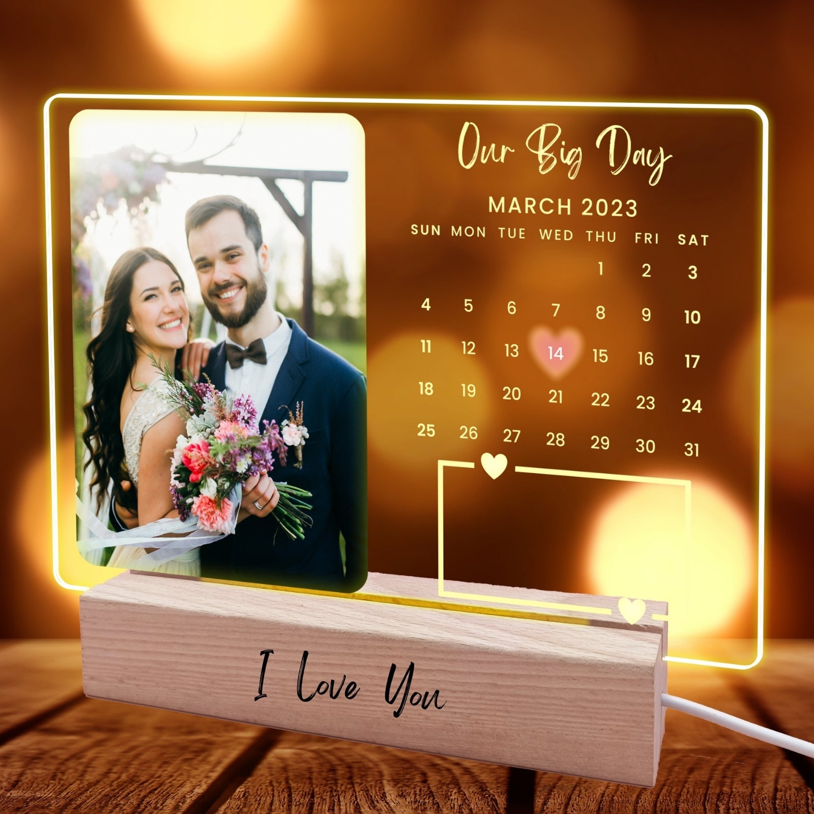 Personalised LED Photo Frame with Calendar for Our Big Day，Wedding Anniversary Romantic Gifts for Her Him Couples Soulmate,Valentines Day Long Distance Relationship Engagement Gift,I Love You Decor - uniqicon