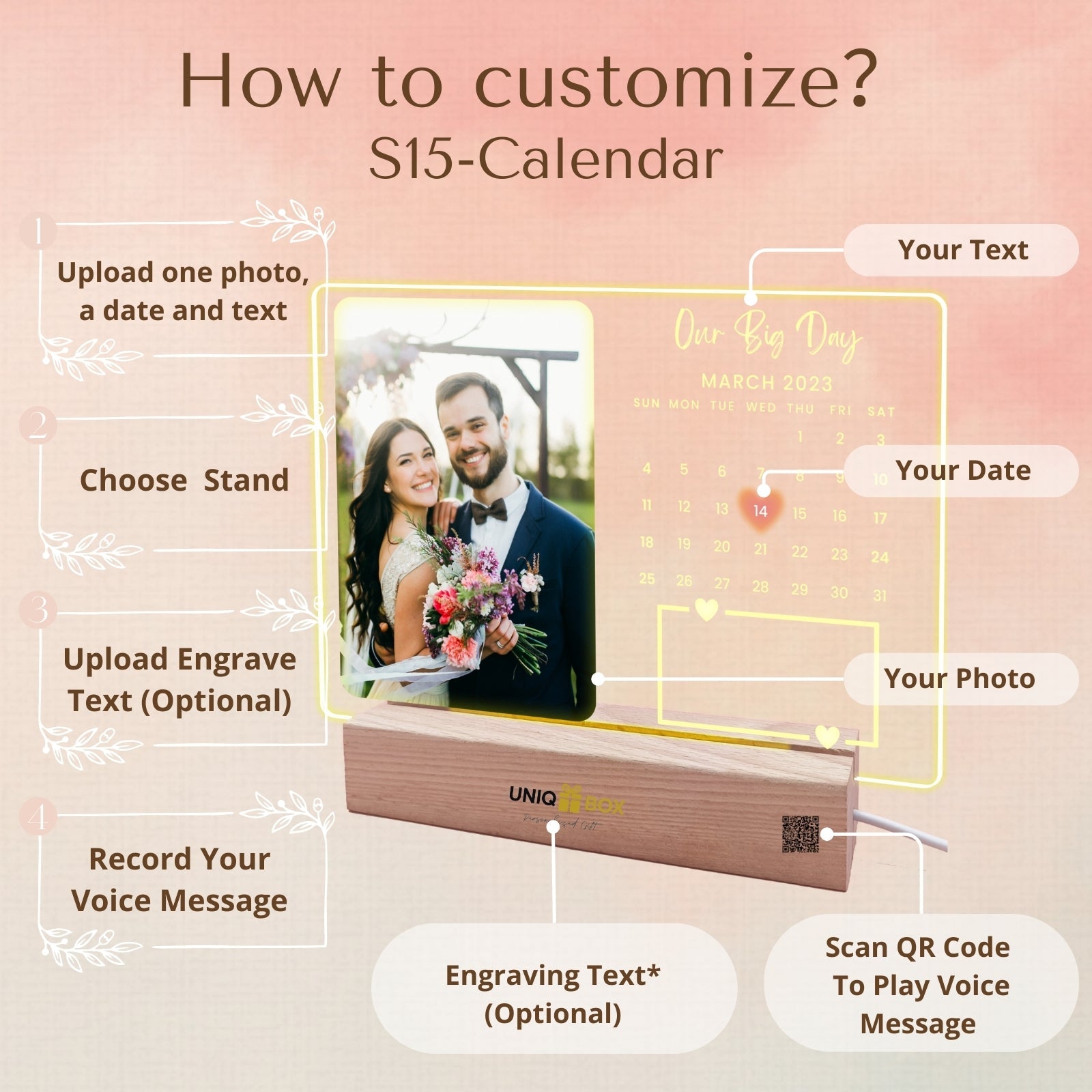 Personalised LED Photo Frame with Calendar for Our Big Day，Wedding Anniversary Romantic Gifts for Her Him Couples Soulmate,Valentines Day Long Distance Relationship Engagement Gift,I Love You Decor - uniqicon