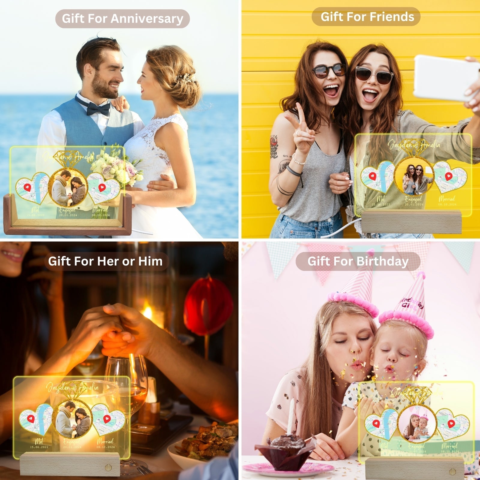 Personalised LED Photo Light Frame,Custom Couple Gift,Romantic Hearts Map Present for Valentines Day,Anniversary Wedding Engagement Gifts for Her Him Wife Husband Boyfriend Girlfriend - uniqicon