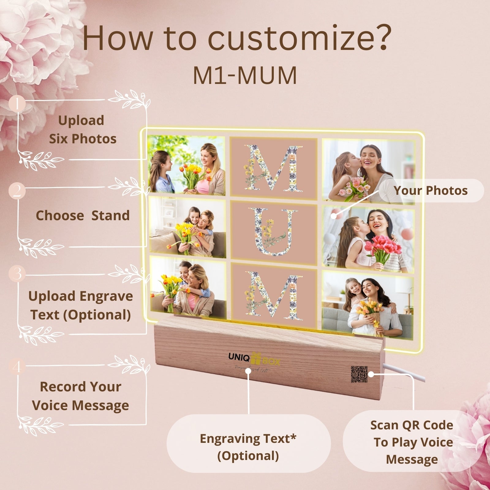 Personalised Mothers Day Gifts with Photo Frame for Best Mum,Presents for Mother In Law On Her Birthday,Customised Multiple Picture Decorations Gift for Step Mums from Kids - uniqicon