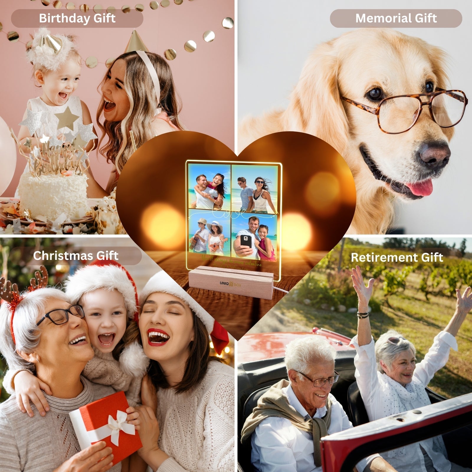 Personalised Multiple Photo Frame Collage,Gifts for Couple, Custom Picture Plaque LED Light, Anniversary Valentines Gift for Him Her, Couples Wedding Gift Husband Wife - uniqicon