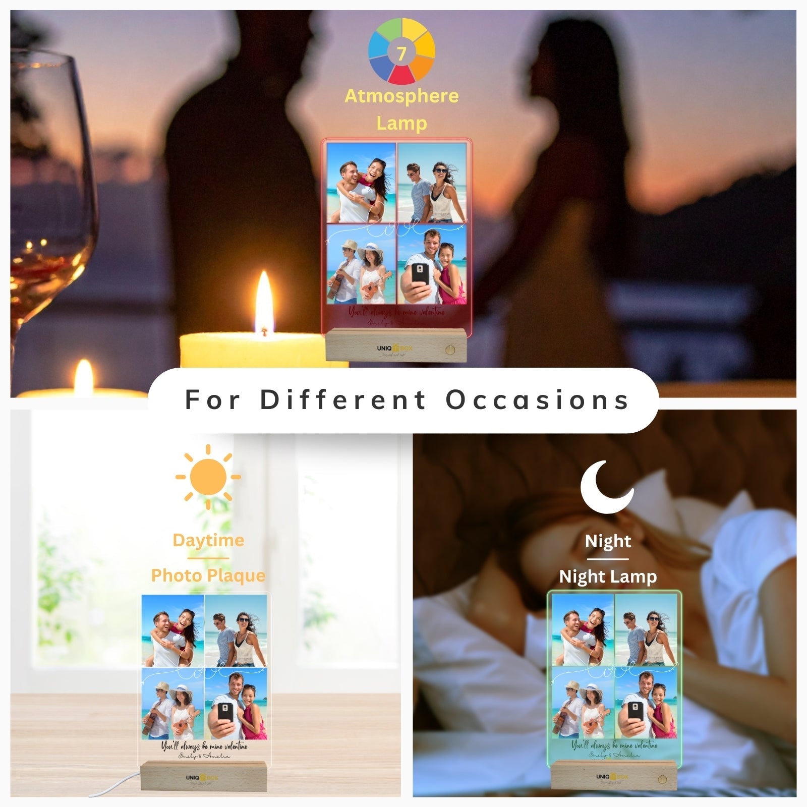 Personalised Multiple Photo Frame Collage,Gifts for Couple, Custom Picture Plaque LED Light, Anniversary Valentines Gift for Him Her, Couples Wedding Gift Husband Wife - uniqicon
