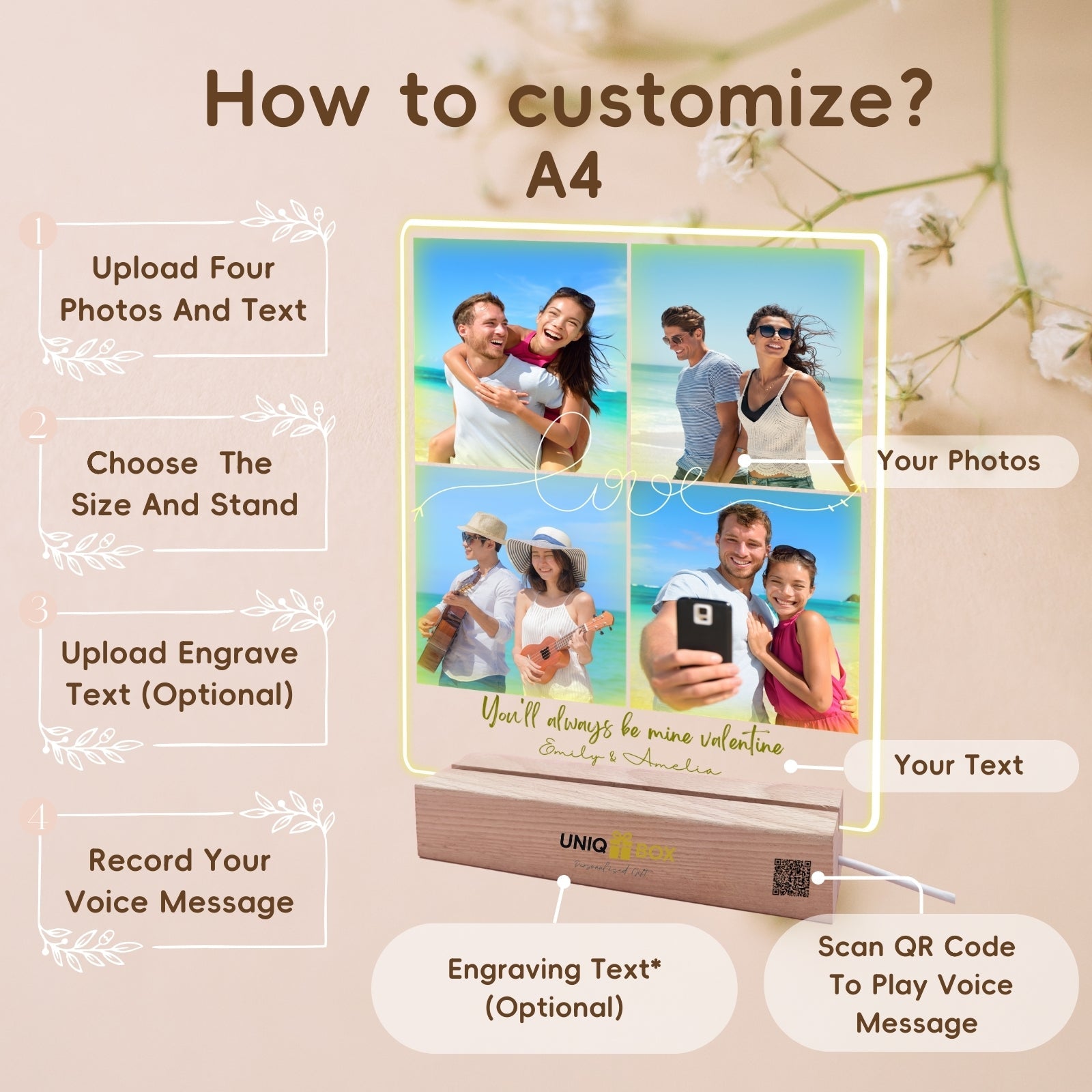 Personalised Multiple Photo Frame Collage,Gifts for Couple, Custom Picture Plaque LED Light, Anniversary Valentines Gift for Him Her, Couples Wedding Gift Husband Wife - uniqicon