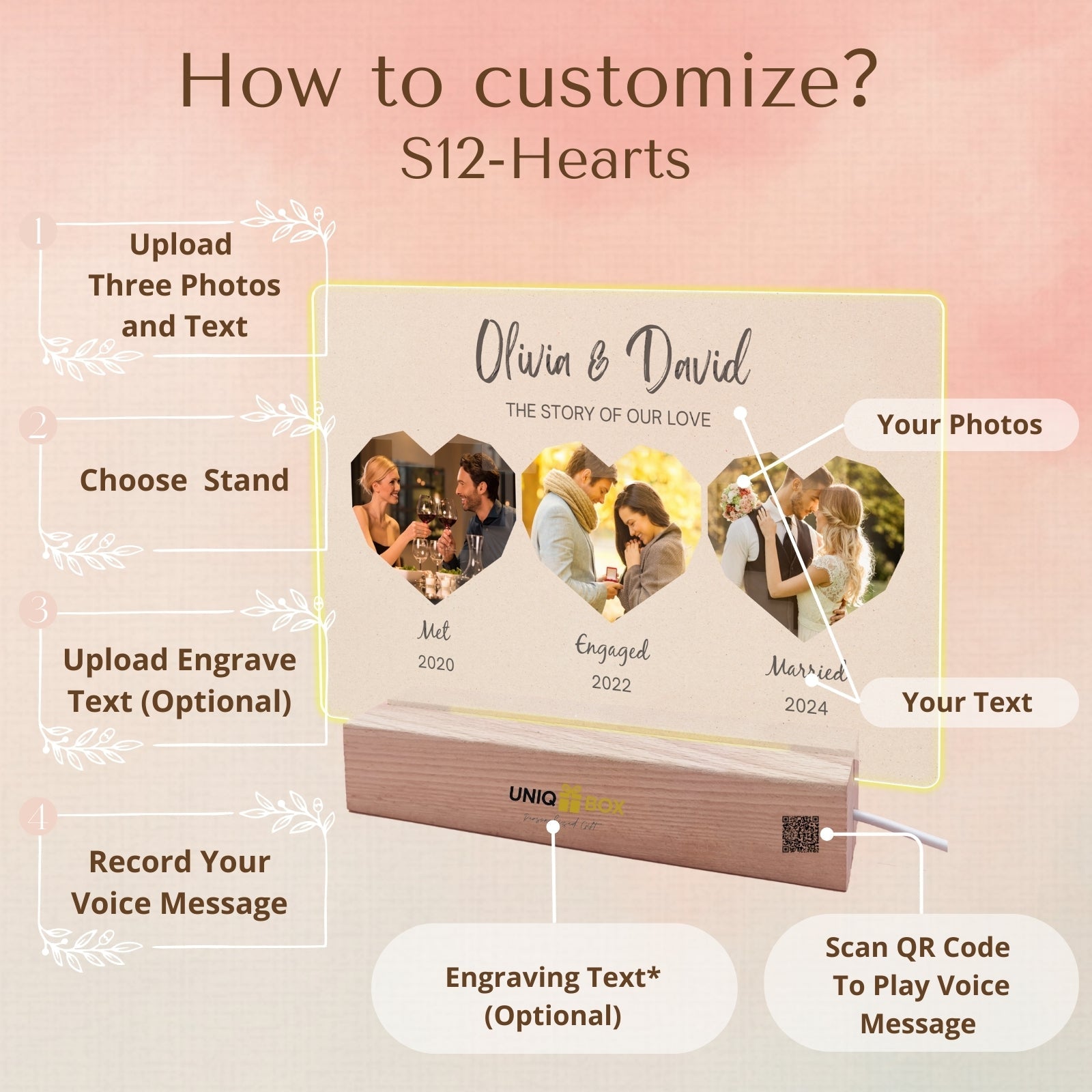 Personalised Valentines Day LED Light Up Frame,Custom Hearts Photo Gift - Couple Anniversary Wedding Present for Women Men Him Her,Romantic Picture Gift for Boyfriend,Unique Home Decor Night Light - uniqicon