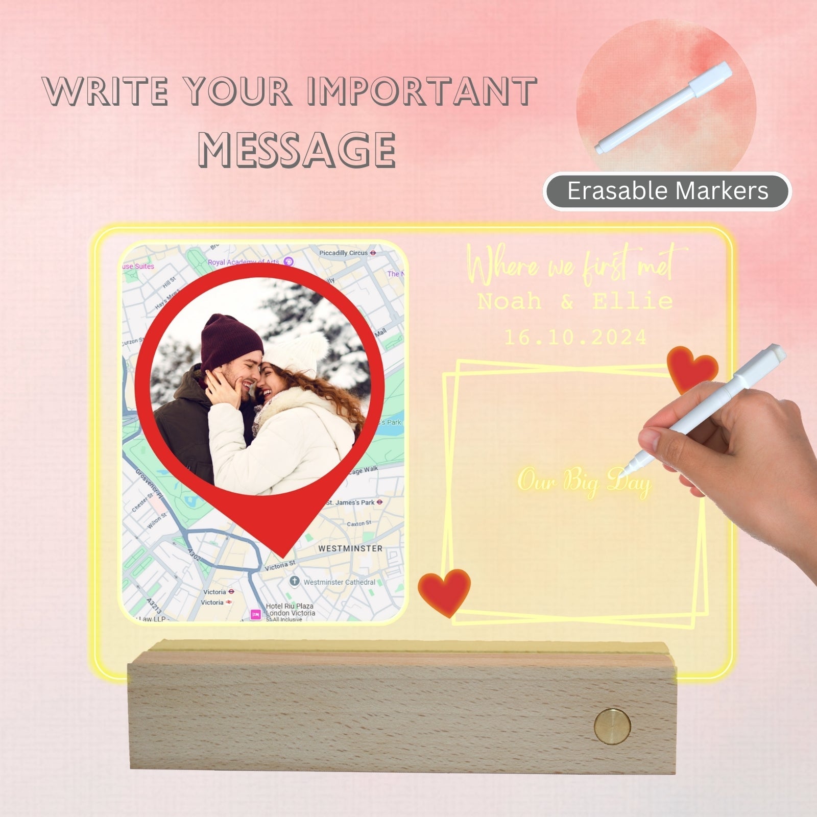 Personalised Where We First Met Map Plaque with Drawing Board，LED Writing Message Note Board with Pens，Romantic Anniversary Engagement Wedding Valentines Decor for Couples Boyfriend Future Husband - uniqicon